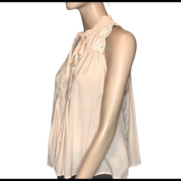 Free People Peach Lace Button Up Sleeveless Blouse - Picture 3 of 7